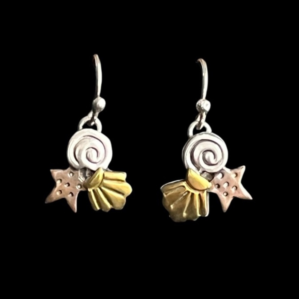 Vintage sterling silver brass & bronze beach theme dangle earrings